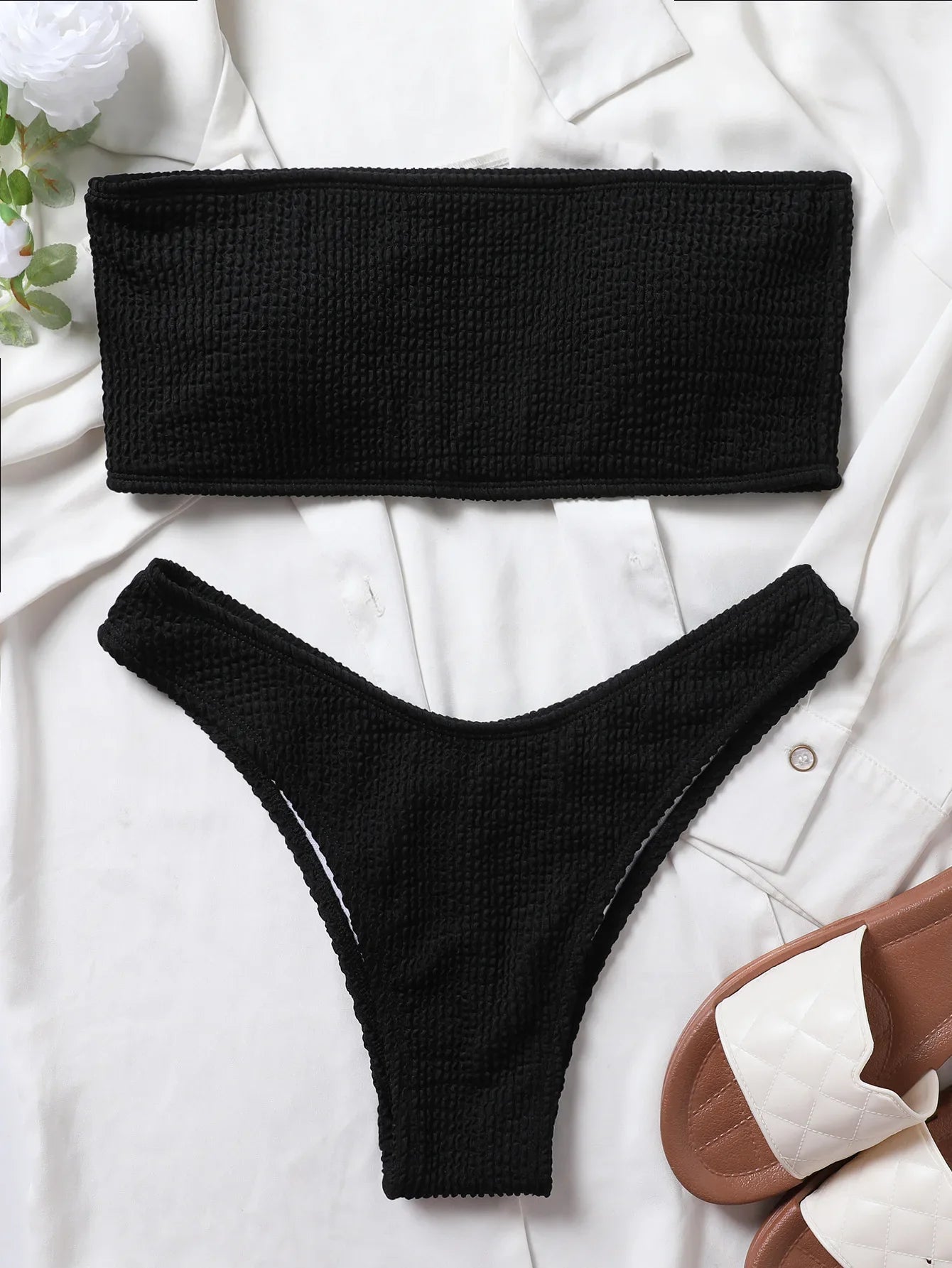 Diana – Žebrované bandeau bikiny s vysokým pasem