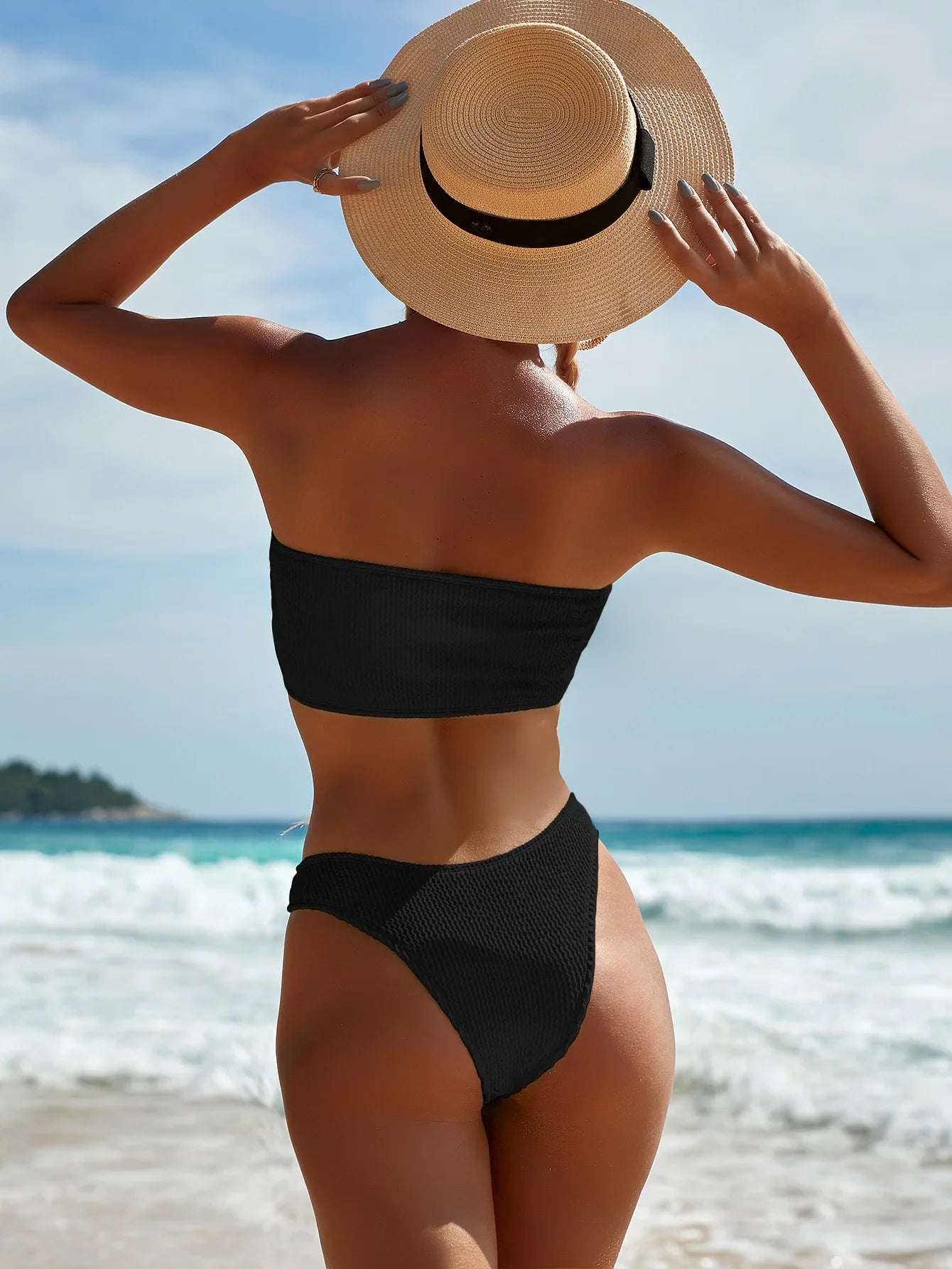 Diana – Žebrované bandeau bikiny s vysokým pasem