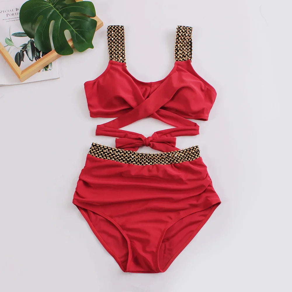 Nela – bikiny s vysokým pasem a zlatými detaily