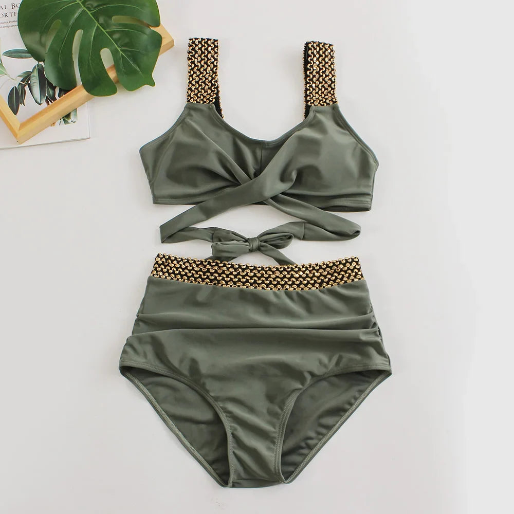 Nela – bikiny s vysokým pasem a zlatými detaily