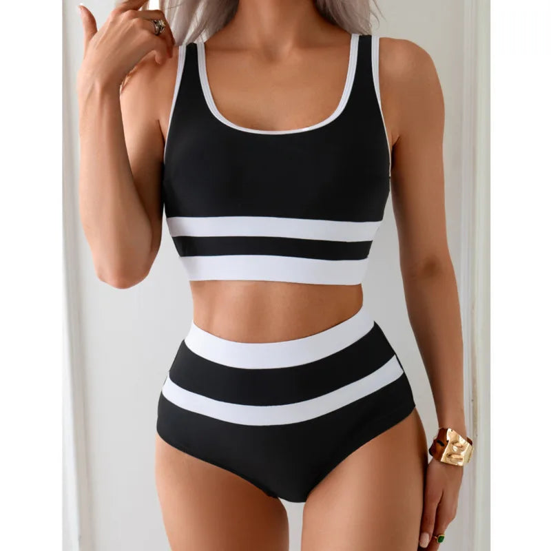 Nora – Sportovní bikiny s vysokým pasem a kontrastními pruhy