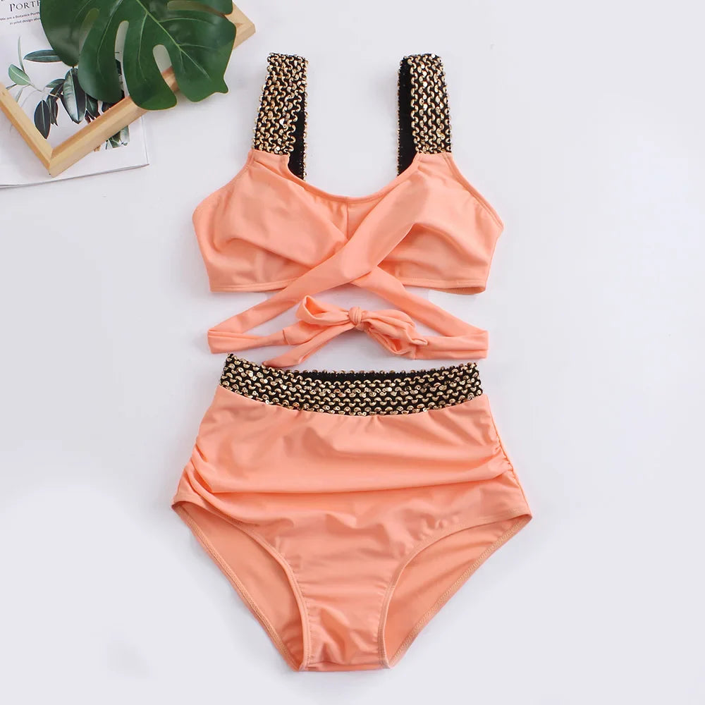 Nela – bikiny s vysokým pasem a zlatými detaily
