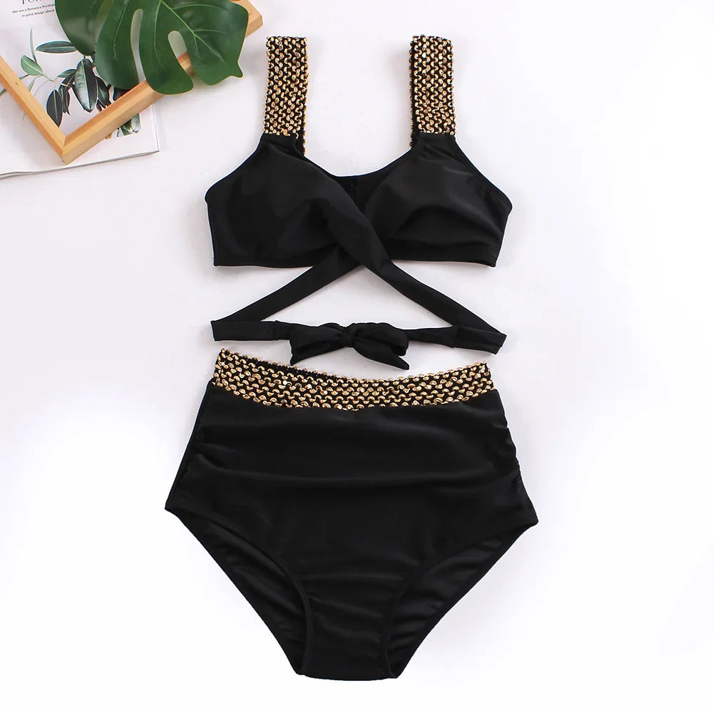 Nela – bikiny s vysokým pasem a zlatými detaily