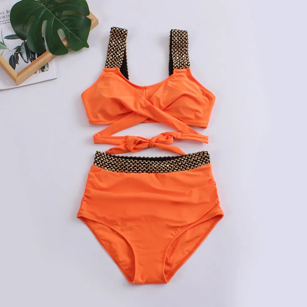 Nela – bikiny s vysokým pasem a zlatými detaily